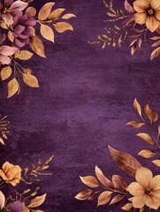 Wall Mural - This image features a luxurious floral textured wallpaper with vibrant purple, gold, and brown hues. The design is accented with golden leaves and flowers that create an abstract pattern.