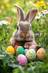 Poster - A rabbit sits on green grass surrounded by Easter eggs, perfect for spring or holiday-themed designs