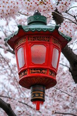 Poster - A red lantern hangs from a tree branch