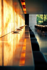 Poster - A long table with rows of chairs set up for a meeting or conference