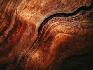 rich mahogany wood grain close-up with intricate natural patterns, warm lighting highlighting deep auburn tones and organic textures