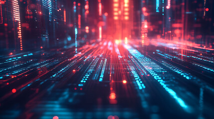 Fototapete - A vibrant digital landscape with flowing lines of data, illuminated in blue and red hues, creating a sense of depth and motion.