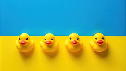 Poster - Four cheerful yellow rubber duckies on a vibrant blue and yellow background