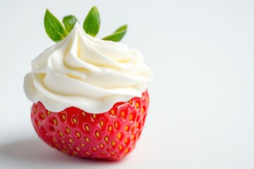 Wall Mural - A single strawberry topped with whipped cream and leaves