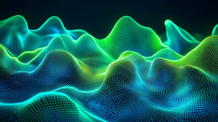 Wall Mural - An intricate digital mesh with neon green and blue glowing elements forming abstract wave patterns