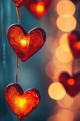 Poster - Glass hearts hanging from a window, perfect for Valentine's Day or romantic occasions