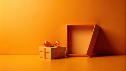 Aufkleber - A small golden gift box with an orange ribbon sits next to a larger open box against a vibrant orange background