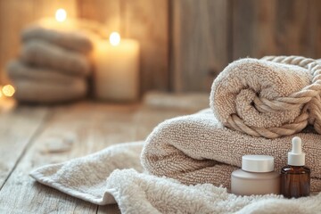 Poster - Stacked towels on a wooden floor, great for bathroom or laundry room scenes