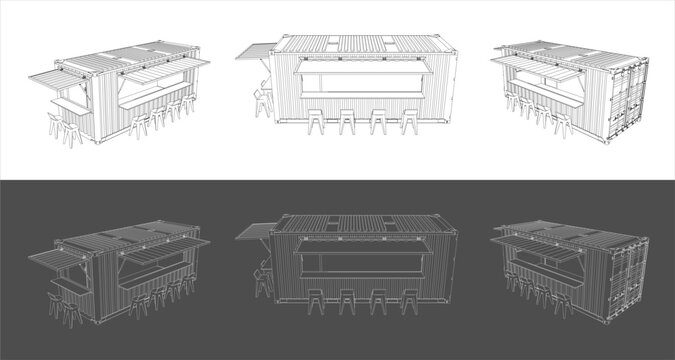 Set  Shipping Container Cafe Technical Line Drawing 20ft – Vector Blueprint Illustration