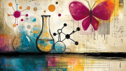 Poster - Abstract Organic Art with Chemical Elements and a Butterfly Illustration