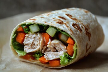 Poster - A wrap filled with meat and vegetables on a table, perfect for a quick lunch or dinner
