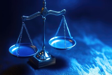 Poster - Illustration of a scale of justice on a blue background, suitable for use in court or law-related contexts