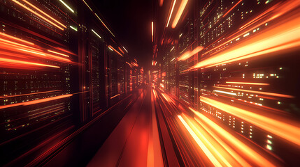Fototapete - A vibrant, abstract representation of digital speed and data flow, featuring dynamic streaks of light in warm colors against a dark backdrop.