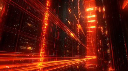 Fototapete - A futuristic scene featuring glowing red lines and structures, creating a dynamic, digital environment with an energetic, high-tech vibe.