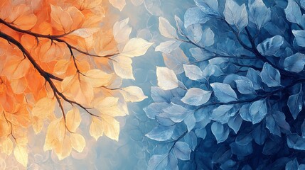 Wall Mural - Warm and cool leaves contrast beautifully in this painting vibrant autumn winter colors blend seamlessly. AI Generated