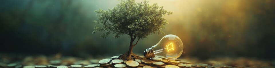 Poster - A light bulb sits atop a pile of coins, symbolizing innovation and wealth