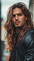 Poster - A striking man sporting long, wavy hair gazes intently at the viewer against a backdrop of blurred city buildings. His confident expression reflects a blend of urban style and charisma