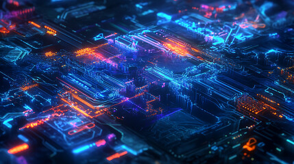 Fototapete - An abstract view of a vibrant, glowing digital circuit board, featuring intricate patterns in blue, orange, and purple hues.