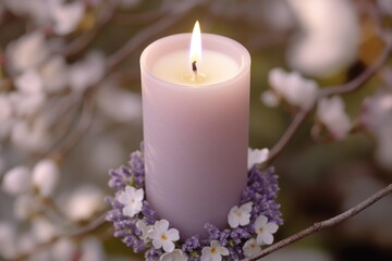 Poster - A lit candle surrounded by a beautiful flower wreath, perfect for romantic settings or decorative purposes