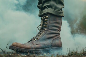 Poster - A pair of brown boots standing on a lush green grass field, perfect for outdoor activities and nature scenes