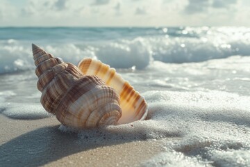 Poster - A peaceful scene of a shell on the beach as waves roll in, perfect for use in travel or nature-related content
