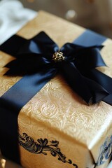 Poster - A beautifully wrapped gold gift box tied with a black ribbon, ideal for special occasions and events