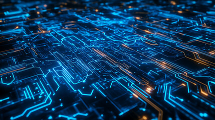 Fototapete - A vibrant, abstract representation of a digital circuit board illuminated in blue and orange hues, showcasing intricate patterns and connections.