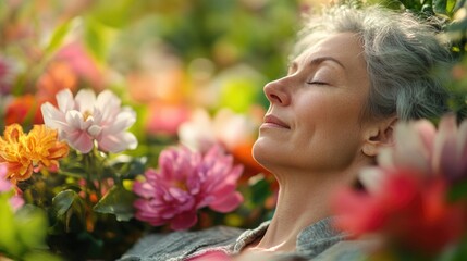 Aufkleber - A woman lies down in a field of colorful flowers, eyes closed