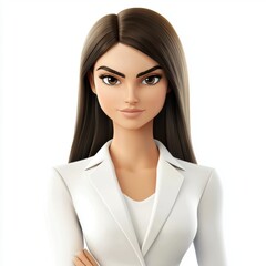 Wall Mural - Sophisticated businesswoman with sleek straight hair, wearing an elegant white blazer, looking powerful, isolated on white background