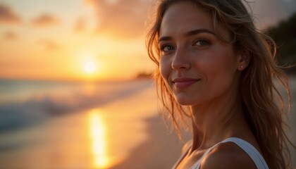 Retrato sereno en una playa tropical al atardecer