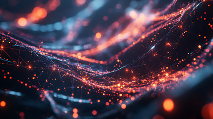 Fototapete - A vibrant, abstract image showcasing flowing lines with glowing particles in shades of blue and orange, evoking a sense of energy and motion.