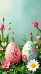 Wall Mural - Colorful painted eggs on a beautiful background with flowers and greenery, easter concept, festive, spring celebration. 