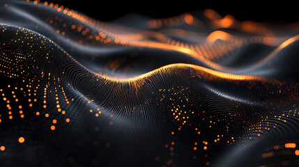 Fototapete - A mesmerizing wave-like pattern with glowing orange dots on a dark background, evoking a sense of movement and digital elegance.