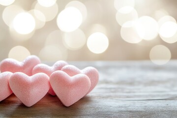 Poster - A decorative arrangement of pink hearts on a wooden surface, perfect for romantic occasions or Valentine's Day themes