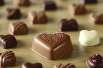 Poster - A selection of chocolates on a wooden table, perfect for decoration or gift giving