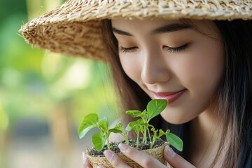 Aufkleber - A woman wearing a straw hat holds a small plant, perfect for outdoor or gardening scenes