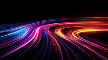 Poster - Vibrant abstract light trails create energetic and dynamic visual experience, showcasing wavy patterns in bright colors against dark background