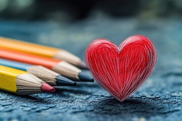 Poster - A pair of colorful pencils with a small red heart in between, suitable for Valentine's Day or love-themed illustrations