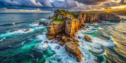 Poster - Eroded Coastal Rock Formation with Holes, Dramatic Ocean View, Copy Space Left