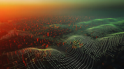 Fototapete - A digital landscape depicting waves of data flowing over a cityscape at sunset, showcasing a blend of technology and urban life.