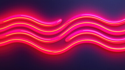 Poster - Realistic glowing neon wavy lines on dark gradient background create vibrant and dynamic visual effect. bright pink and yellow colors evoke sense of energy and modernity