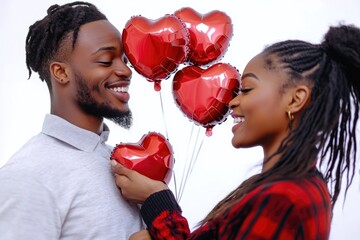 Poster - A romantic moment between two people holding matching red heart shaped balloons