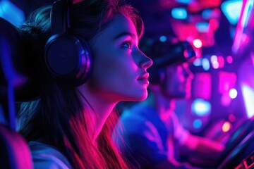 Poster - A woman sits in front of a microphone with headphones on, ready to record