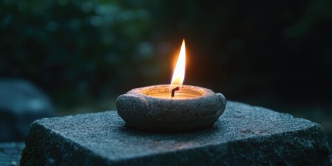 Poster - A lit candle sitting on top of a rocky surface, great for representing peacefulness and tranquility