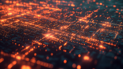 Fototapete - An abstract representation of a digital network with glowing orange lines, depicting a futuristic technology landscape.