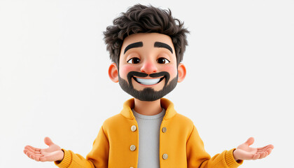 happy cartoon man wearing yellow jacket presenting