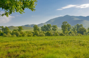 Wall Mural - farmlands and Lesser Caucasus mountains around Bovadzor village (Lori province, Armenia)