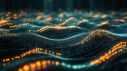 Fototapete - A mesmerizing wave of glowing data streams, showcasing a blend of blue and orange lights, evoking a sense of digital fluidity and innovation.