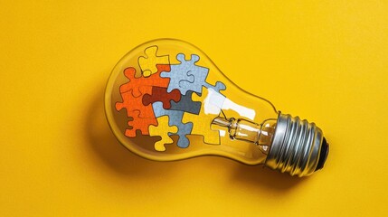 Poster - A light bulb containing a jigsaw puzzle piece, symbolizing innovation and problem-solving