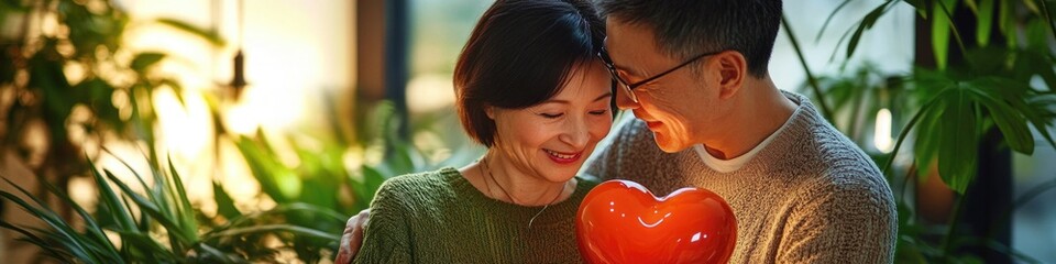 Poster - A pair of lovers embracing a bright red heart symbolizing their love